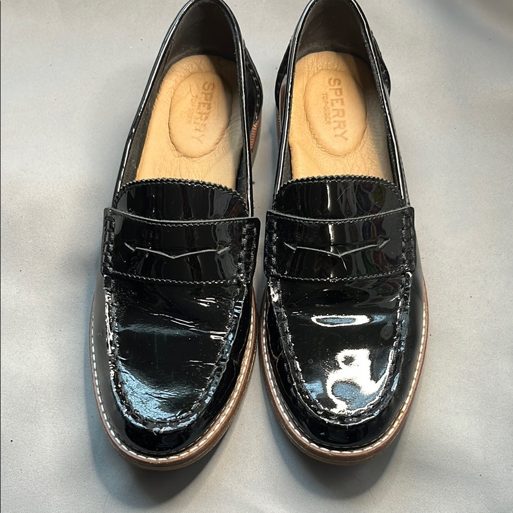 Sperry Black Penny Loafers with Patent Leather Finish